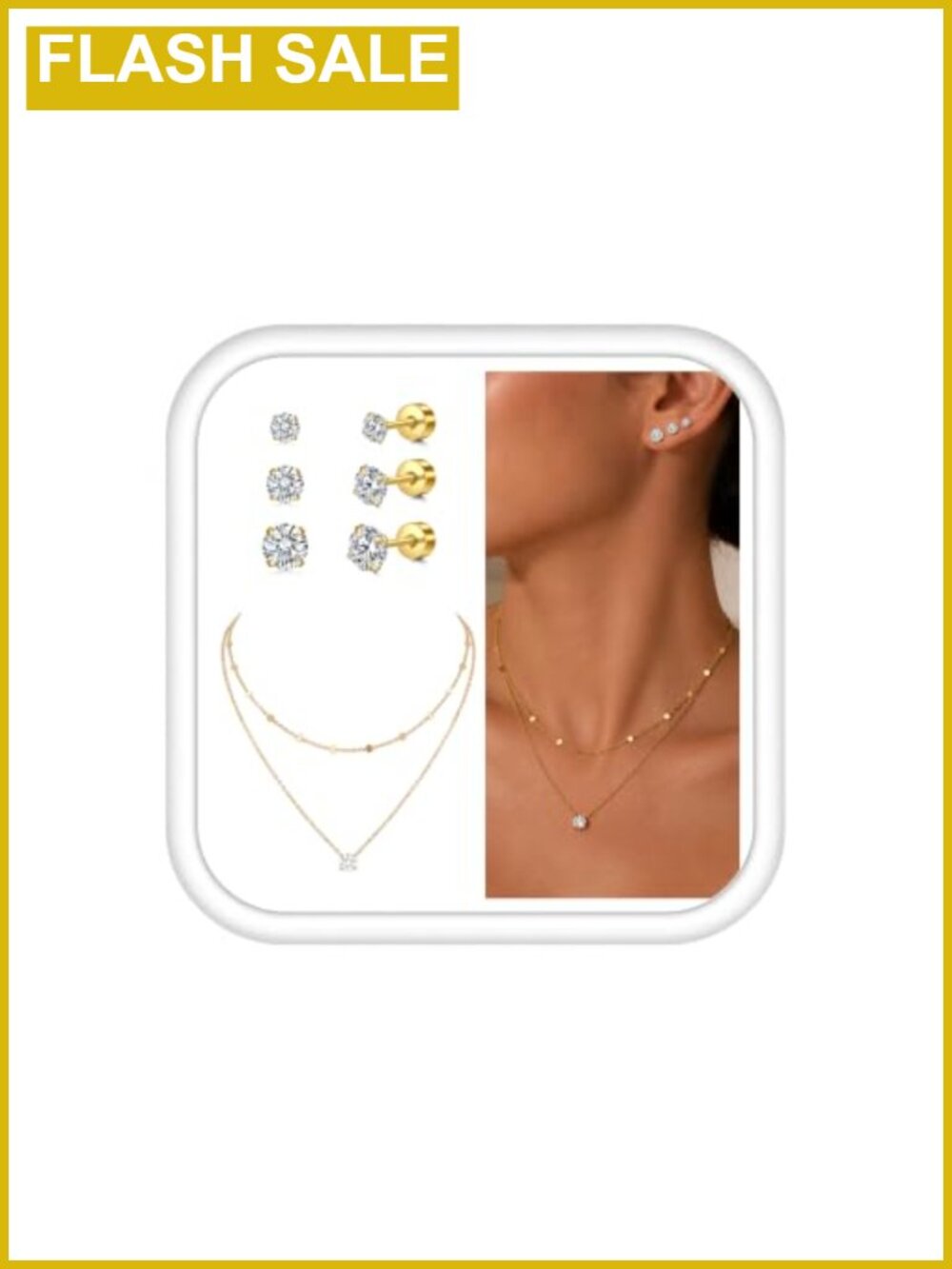 14K Gold Plated Jewelry Set Layered Necklace Flat Back Stud Earrings